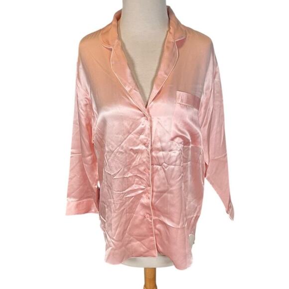 Nordstrom 100% Silk Small Long Back Pajama Top Long Sleeve Baby Pink White Trim - Picture 3 of 13